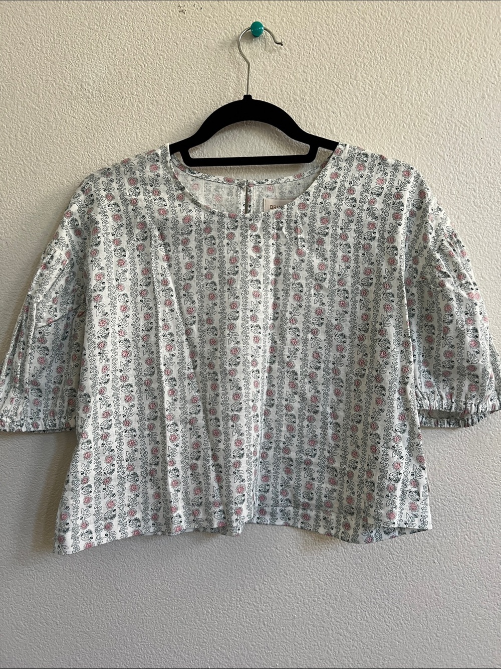 BRIXTON Balboa Linen Blend Cropped Top Blouse Shirt White/Ditsy Floral Women's S